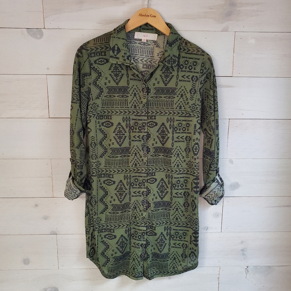 W.f. army green tunic top long sleeve button up tribal print shirt- size medium